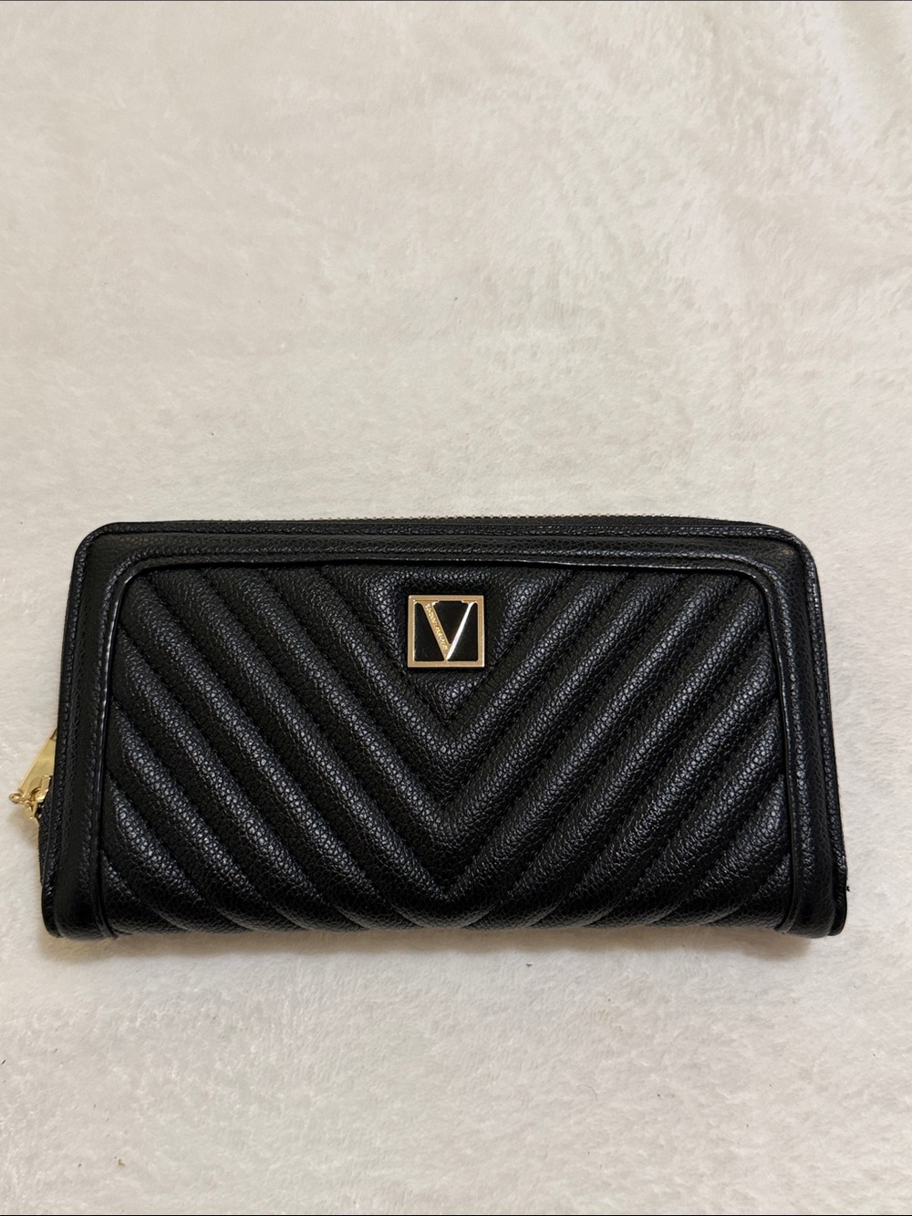 Victoria's Secret Black Quilted Zip-Around Wallet with Gold V Logo